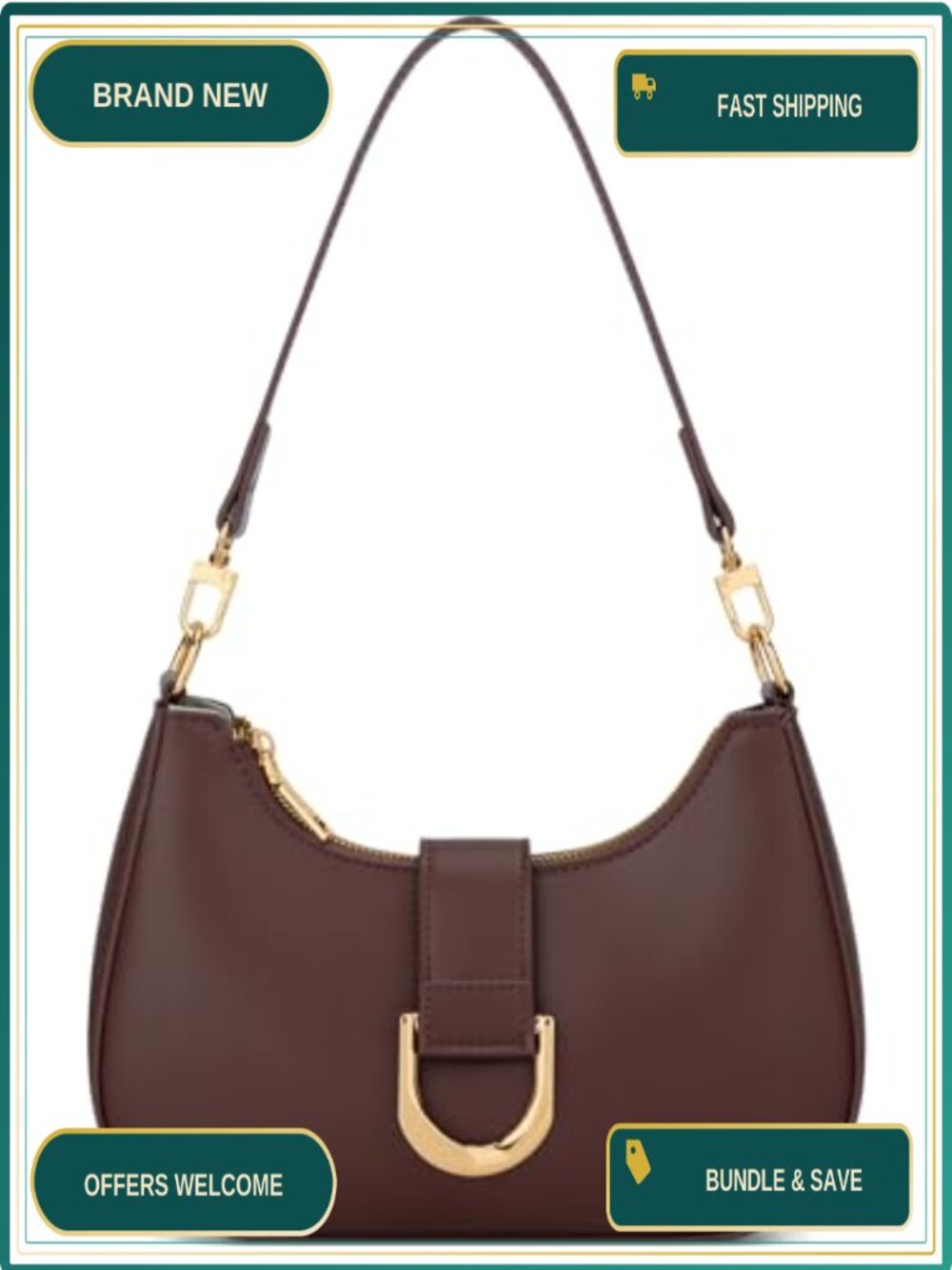 Vegan Leather Crescent Shoulder Bag Small Purse with Gold Chain Crossbody